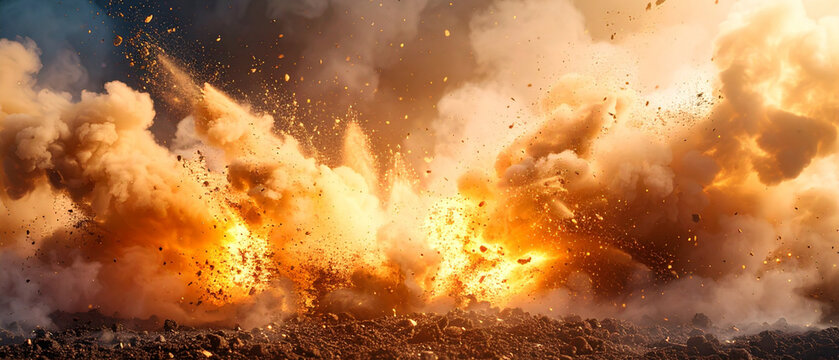 Cluster bomb explosion in modern warfare scenario. Huge explosion with fragments on air