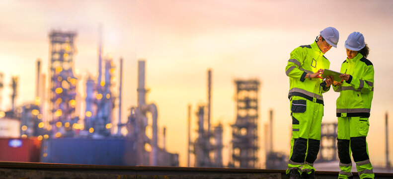 Two diverse engineers in safety gear collaborate with a digital tablet at an oil refinery. A concept for teamwork, modern technology, and the energy industry at sunset or sunrise.