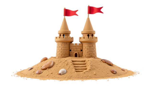 Detailed sandcastle with two towers and red flags, surrounded by seashells, evokes sense of summer fun and creativity