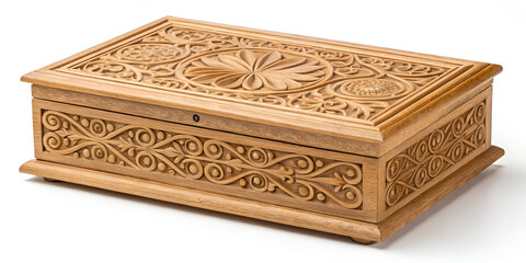 Wooden handcrafted makeup box isolated on white background for rustic and unique cosmetic storage