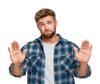 Man gesturing calmly portrait neutral isolated on transparent background