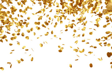 A gold colored pile of confetti is falling from the sky. The confetti is scattered all over the image, creating a sense of celebration and joy