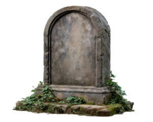 Old tombstone graveyard stone moss ivy weathered ancient arch memorial somber mood overgrown historic cemetery isolated on transparency background