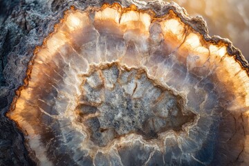 Fototapeta premium A mesmerizing cross-section of petrified wood reveals intricate patterns and warm, earthy tones.