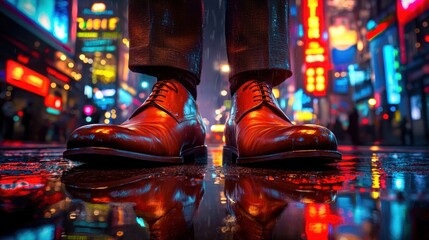 Businessman's shoes on a wet city street at night.  Bright lights reflect in puddles