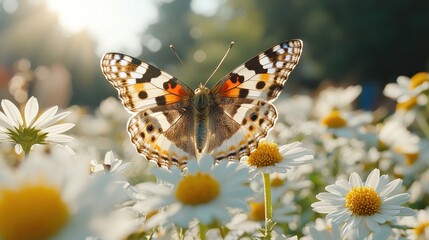Butterfly amidst a field of daisies bathed in sunlight