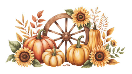 Autumn harvest arrangement with pumpkins, sunflowers, and a wooden wheel