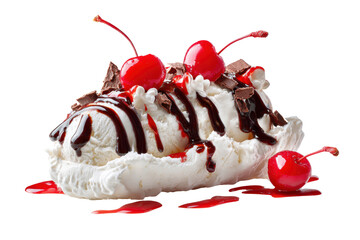 A white ice cream sundae with chocolate sauce and cherries on top. The dessert is served on a white plate and is placed on a white background