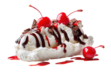A white ice cream sundae with chocolate sauce and cherries on top. The dessert is served on a white plate and is placed on a white background