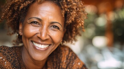 portrait of smiling middle aged african woman looking at camera cheerful black mid adult woman smiling outdoor close up face of beautiful black lady laughing at park no logos no brands ar 169