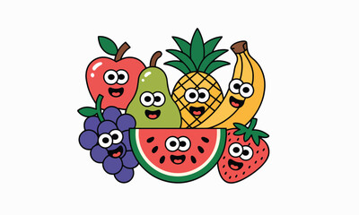 Funny vector illustration of various fruits with happy, cartoon faces. A cheerful design featuring an apple, pear, pineapple, banana, grapes, watermelon, and strawberry.

