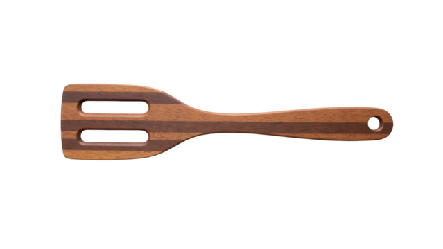 Wooden spatula with sleek design, featuring cutouts for easy flipping and serving. Ideal for cooking and baking tasks