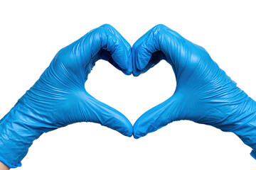 A pair of blue latex gloves are used to make a heart shape. The gloves are blue and white, and the heart is made by folding the gloves together. Concept of care and protection