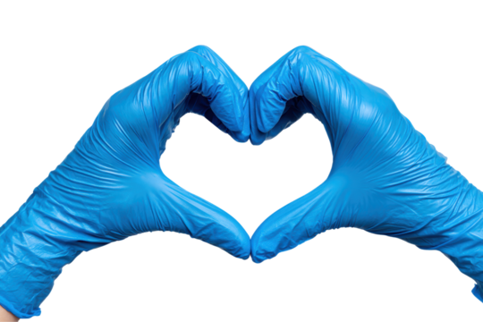 A pair of blue latex gloves are used to make a heart shape. The gloves are blue and white, and the heart is made by folding the gloves together. Concept of care and protection - Powered by Adobe
