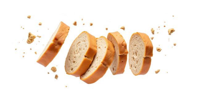 Sliced bread pieces floating in air with crumbs scattered around, showcasing fresh and appetizing look