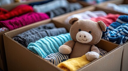Cardboard boxes filled with colorful clothes and a teddy bear
