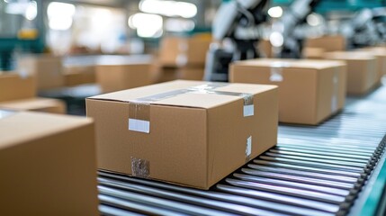 Cardboard boxes on a conveyor belt, being processed by automated machinery.  Factory environment
