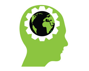Abstract Human Head with Gear and Planet Eco Green Idea. Renewable energy thinking and nature preservation vector art