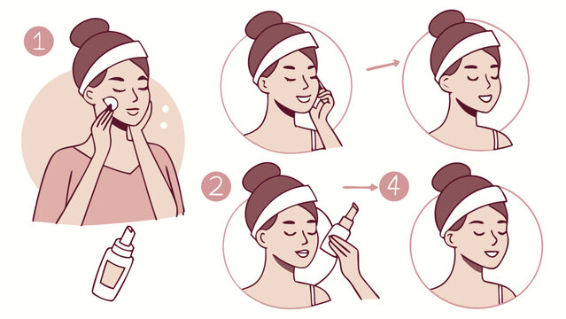Step-by-step guide illustrating a woman's simple skincare routine, including cleansing and moisturizing.