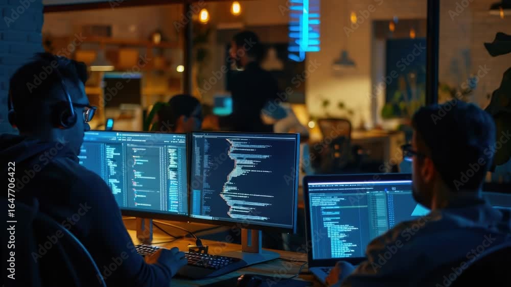 Poster a person sitting at a desk with two computer monitors in front of them, perfect for use as a workspa
