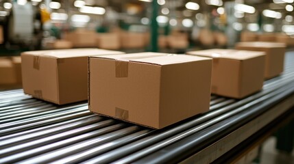 Cardboard boxes on a conveyor belt in a factory