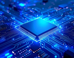 Close-up of a glowing circuit board with a central microprocessor