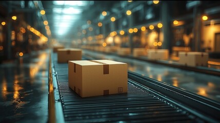Cardboard boxes on a conveyor belt in a large industrial facility