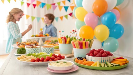 Celebration at a birthday party featuring healthy snacks including colorful fruit platters and vibrant decorations