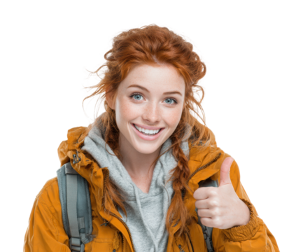 Adventurous young woman hiking smiling expression isolated on transparent background
