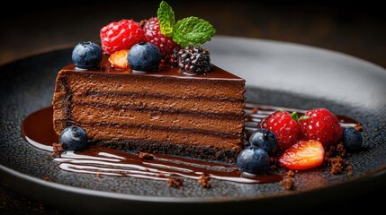 Chocolate cheesecake slice, layered and drizzled with chocolate sauce, garnished with fresh berries and mint