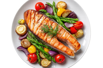 A plate of food with a piece of salmon and vegetables. The salmon is grilled and the vegetables are asparagus and tomatoes