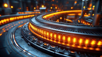 Circular, metallic mechanism with glowing orange lights.  Industrial, futuristic design