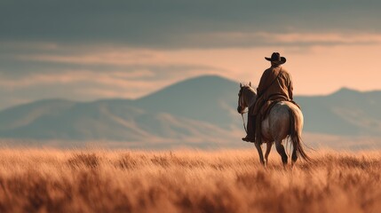 Cowboy on horseback gazing into the distant mountains during sunset in a serene grassland