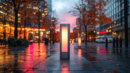 City street at dusk, rain-slicked pavement, warm light