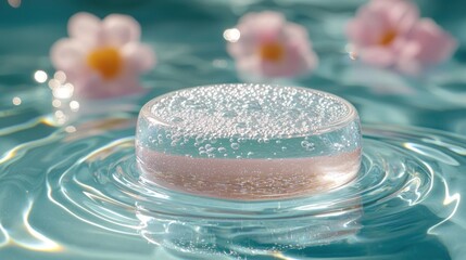 Clear, circular dish, filled with bubbling, light-pink liquid, sits atop rippled teal water; small, pale pink flowers in soft focus in the background