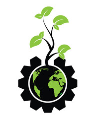 Planet with Gear and Plant Green Environmental Preservation Idea. Renewable energy thinking and nature preservation vector art