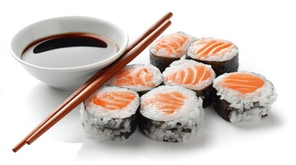 salmon maki sushi with chopsticks and soy sauce in white background no logos no brands ar 169