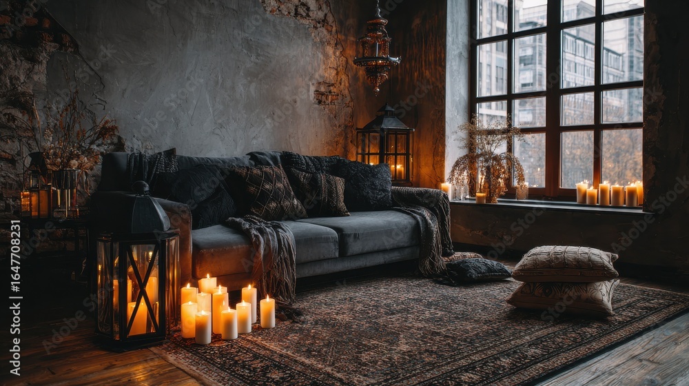 Aufkleber black lamp standing by a sofa and a row of candles lying on the floor in front of a window shedding 