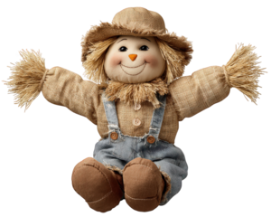 Scarecrow doll straw hat denim overalls burlap fabric smiling face harvest theme autumn decoration rustic cute playful expression isolated transparency background