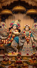 Radha and Krishna statues in ornate temple setting
