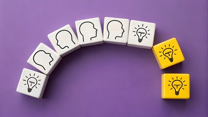 Idea Generation and Creative Thinking – Human Head Silhouettes Transitioning to Light Bulb, Purple Background, Abstract Innovation Concept