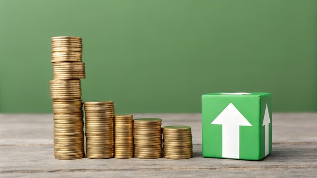 Financial Growth and Positive Trends – Ascending Coin Stacks with Green Cube, Upward Arrows, Green Background - Powered by Adobe