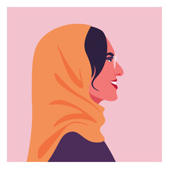 Portrait of a happy muslim woman with eyeglasses. Profile of a smiling mother in a headscarf. Middle Eastern. Side view. Vector flat illustration
