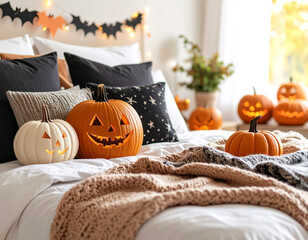 halloween pumpkin on bed