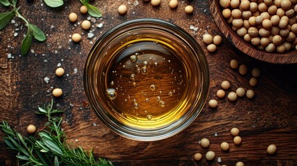 Clear glass bowl of soybean oil on wooden surface.  Surrounded by soybeans, herbs, and sea salt