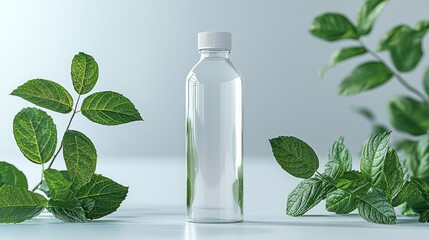 Clear plastic bottle with fresh leaves