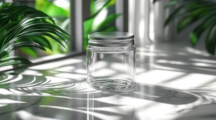 Clear jar with silver lid on marble surface, lush greenery background