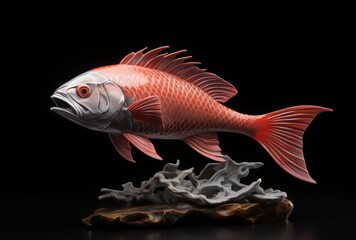 Fototapeta premium A beautifully crafted red fish sculpture displayed on a natural wood base against a black background.