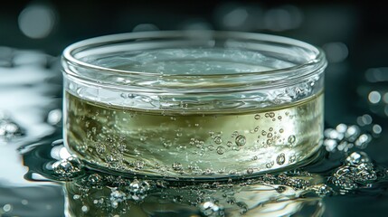 Clear glass bowl holding light green liquid with bubbles