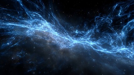 Cosmic panorama of luminous blue gases swirling through the dark expanse of space